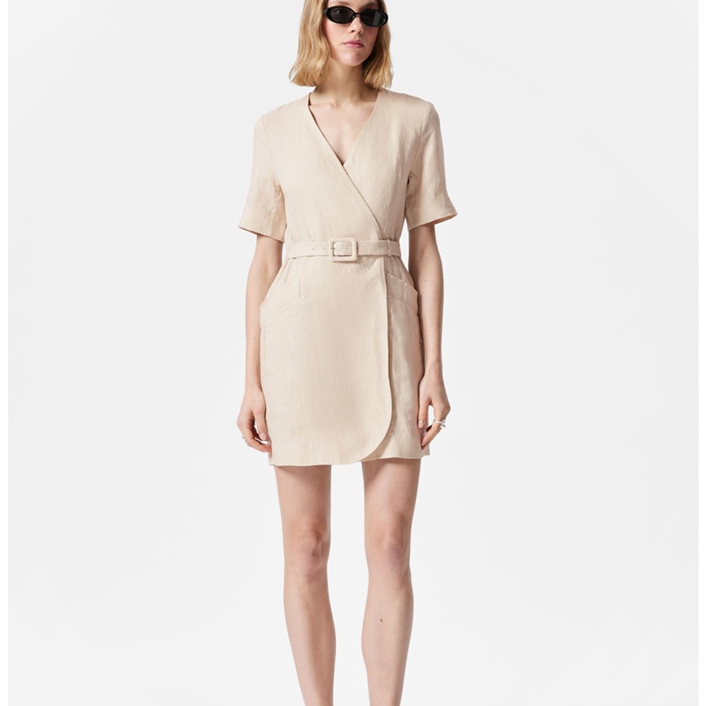 & Other Stories Cream 100% linen Mini Dress Wrap-Style V-Neck